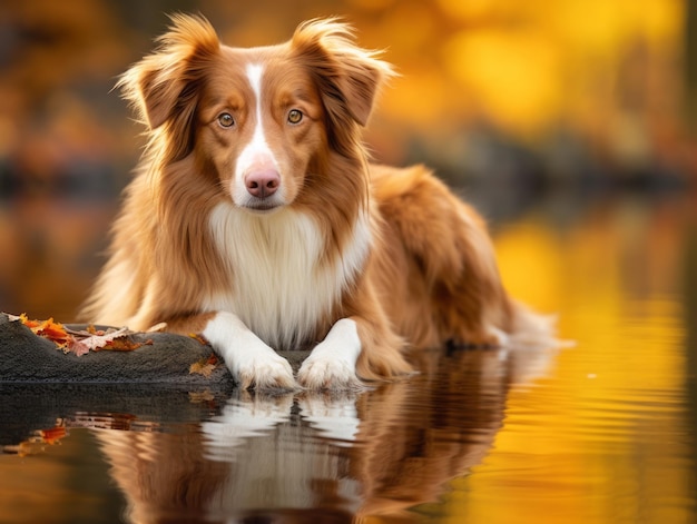 Cachorro e seu reflexo em um lago calmo