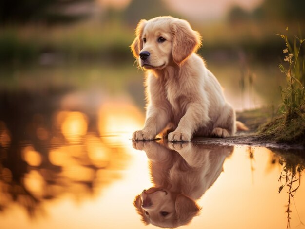 Cachorro e seu reflexo em um lago calmo