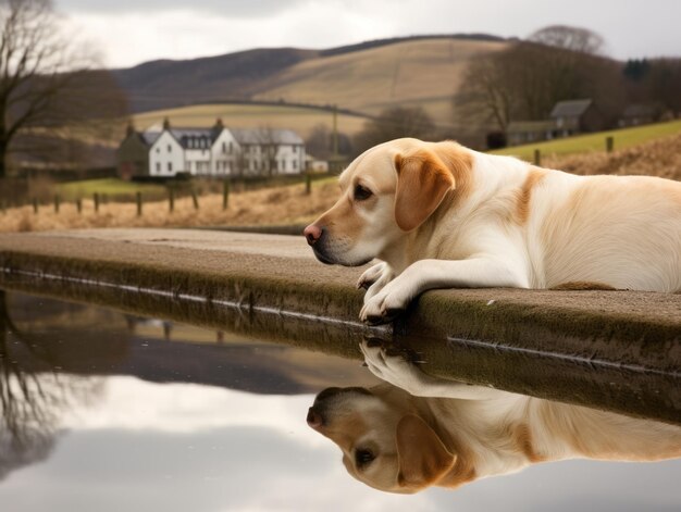 Cachorro e seu reflexo em um lago calmo