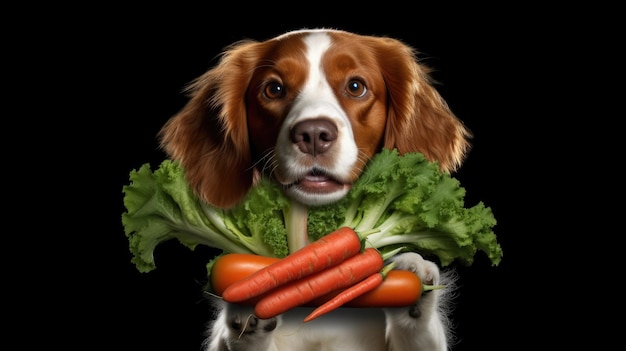 Cachorro e vegetais estilo de vida saudável de comida vegetariana O cachorro segura uma cenoura em suas patas geradas ai