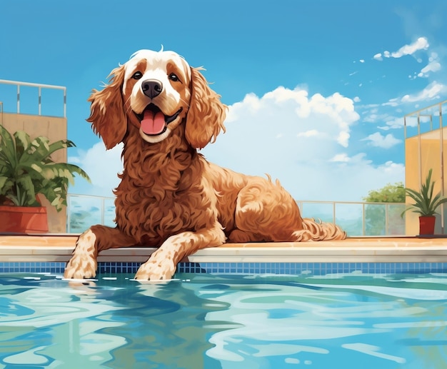 Cachorro em férias Ilustração à beira da piscina IA generativa