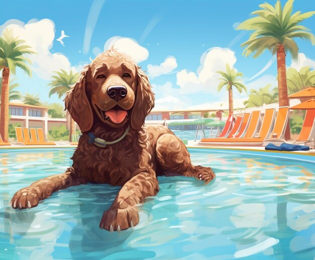 Cachorro em férias Ilustração à beira da piscina IA generativa