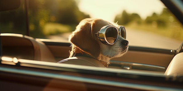 Cachorro em óculos de sol viajando com o tempo de férias do carro Generative Ai