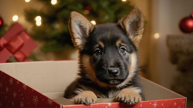 Cachorro em uma caixa de presente para o Natal Cute animal de estimação em uma caixa Natal fundo