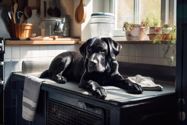 Cachorro em uma cozinha francesa com um labrador retriever preto dormindo de bruços