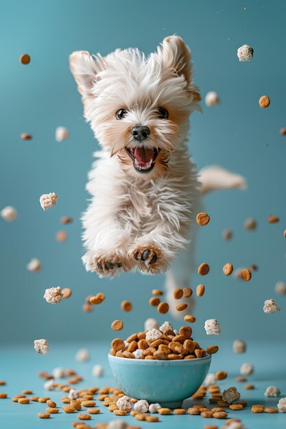 Un cachorro emocionado disfrutando de una ducha de comida