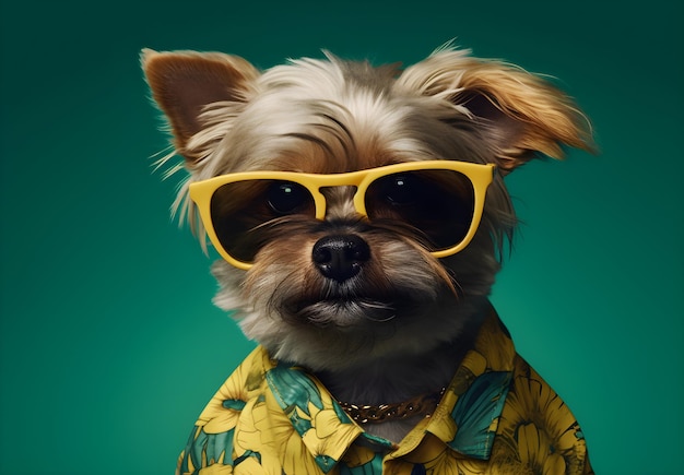 Cachorro engraçado em óculos de sol e camisa de verão isolada em fundo verde escuro Generative AI