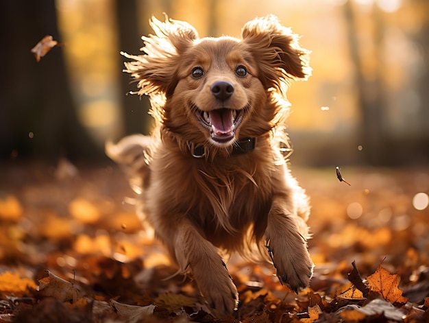 Cachorro engraçado, feliz, bonito, correndo, sorrindo nas folhas, fundo de outono dourado, generativo.