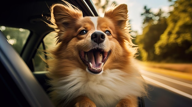 Cachorro engraçado feliz fora da janela de um carro com grande ângulo de imagem em movimento ativo