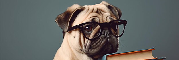 Cachorro engraçado no banner do conceito de óculos sobre o tema da educação Pug fofo em fundo cinza