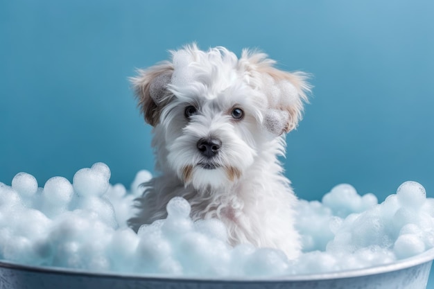 Cachorro engraçado sentado na banheira esperando para ser arrumado Banner para salão de arrumamento de loja de animais de estimação IA generativa