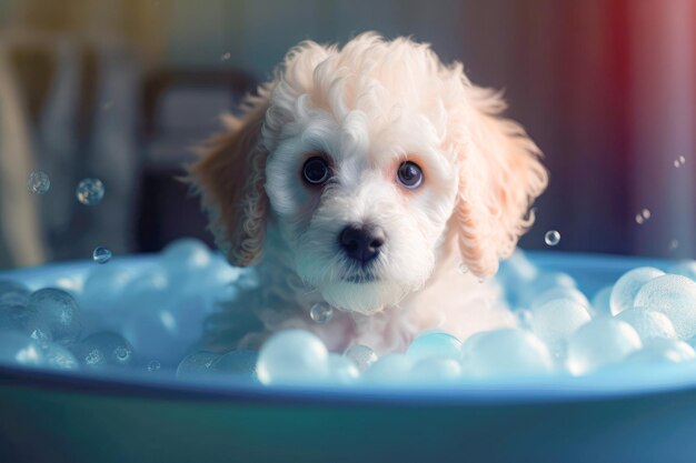 Foto cachorro engraçado sentado na banheira esperando para ser arrumado banner para salão de arrumamento de loja de animais de estimação ia generativa