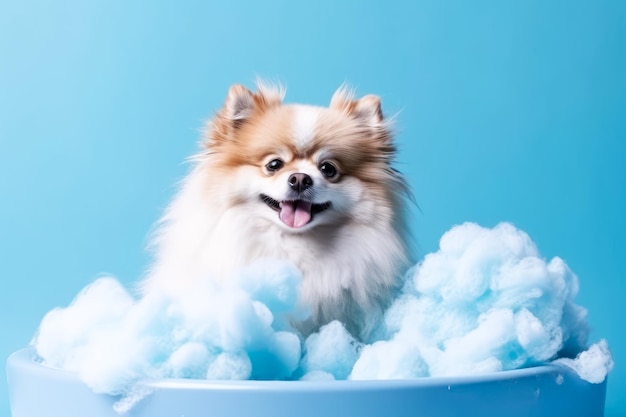 Cachorro engraçado sentado na banheira esperando para ser arrumado Banner para salão de arrumamento de loja de animais de estimação IA generativa