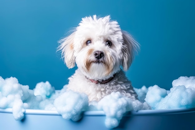 Cachorro engraçado sentado na banheira esperando para ser arrumado Banner para salão de arrumamento de loja de animais de estimação IA generativa