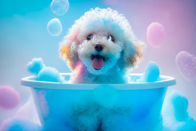 Cachorro engraçado sentado na banheira esperando para ser arrumado Banner para salão de arrumamento de loja de animais de estimação IA generativa