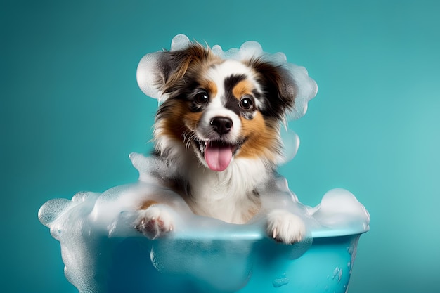 Foto cachorro engraçado sentado na banheira esperando para ser arrumado banner para salão de arrumamento de loja de animais de estimação ia generativa