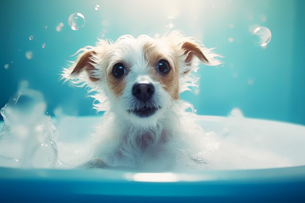 Foto cachorro engraçado sentado na banheira esperando para ser arrumado banner para salão de arrumamento de loja de animais de estimação ia generativa