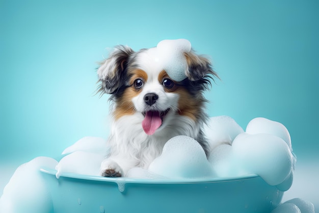 Foto cachorro engraçado sentado na banheira esperando para ser arrumado banner para salão de arrumamento de loja de animais de estimação ia generativa