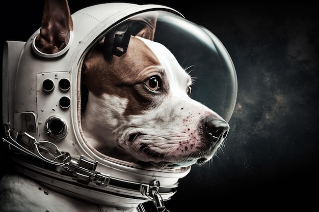 Cachorro engraçado usando capacete branco detalhado de astronauta olhando para o futuro