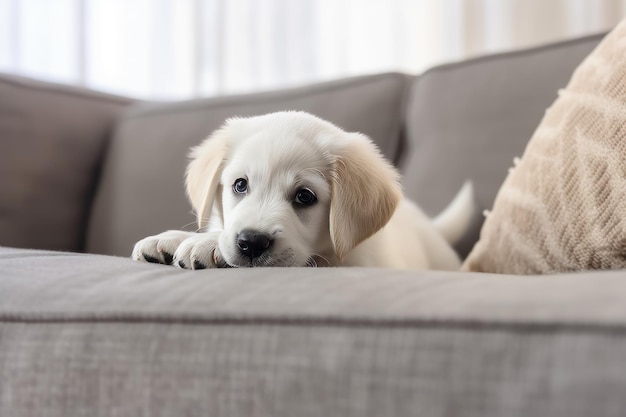 Un cachorro está acostado en un sofá y el perro mira a la cámara.