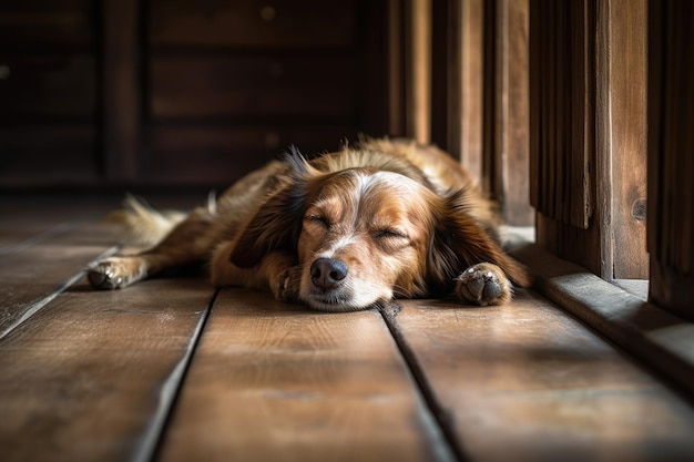 Cachorro está cochilando no chão de madeira