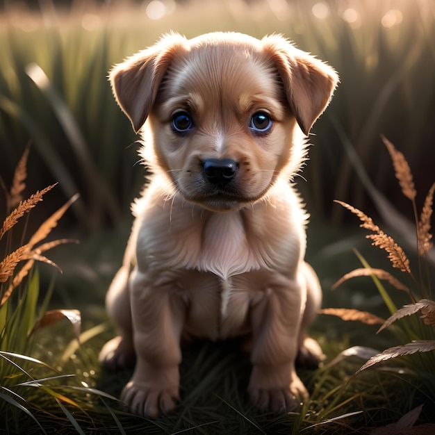 un cachorro está sentado en la hierba al sol