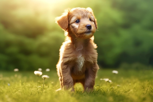 El cachorro está sentado en la hierba verde bajo el sol generado por IA