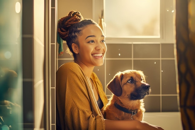 Cachorro está tomando banho em casa Mulher afro-americana feliz e sorridente abraça cachorro no banheiro