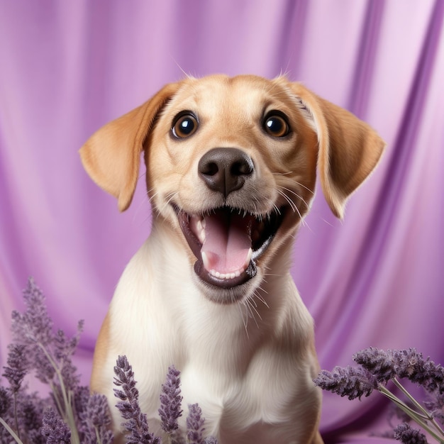 Foto cachorro excitado a saltar no estúdio lavanda