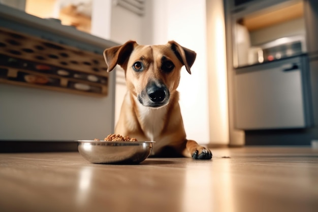 Cachorro faminto com olhos tristes está esperando para se alimentar na cozinha de casa Generative AI