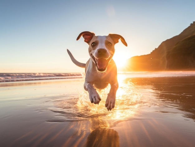 Foto cachorro feliz brincando na praia