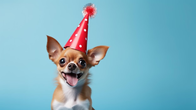 Cachorro feliz com boné festivo comemora aniversário em fundo azul Criado com tecnologia Generative AI