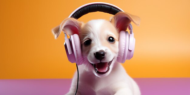 Foto cachorro feliz com fones de ouvido em um fundo roxo