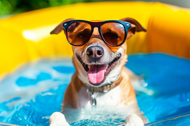 cachorro feliz com óculos escuros e anel flutuante