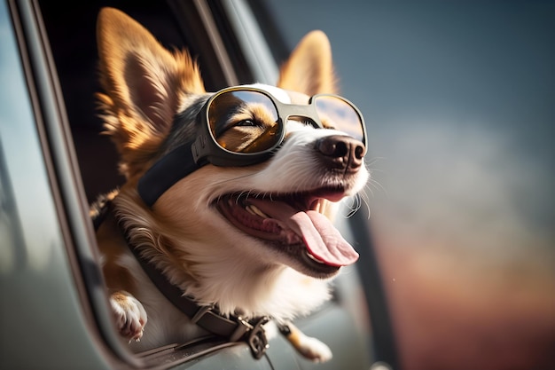 Cachorro feliz com óculos olhando pela janela de um carro ilustração generativa