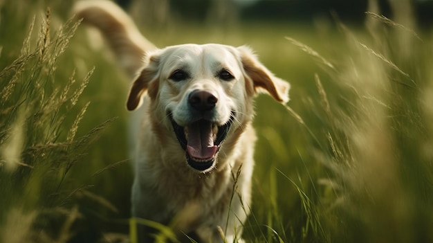 Cachorro feliz correndo na grama closeup AI gerado