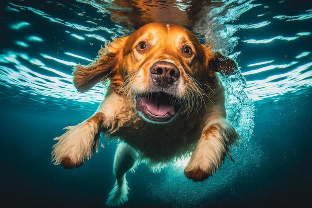 Cachorro feliz de mergulho subaquático IA generativa