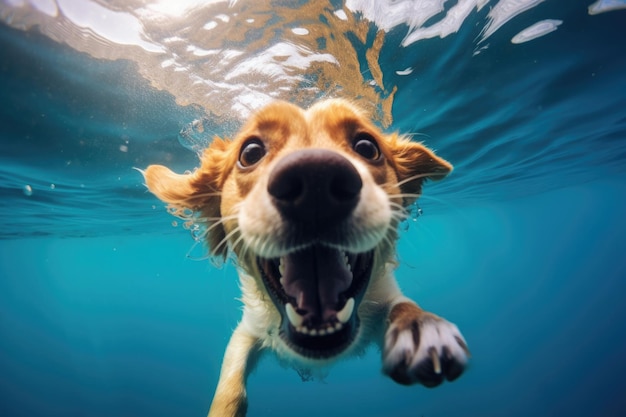 Cachorro feliz mergulhando debaixo d'água na piscina Cachorro fofo e ativo se diverte nas férias de verão