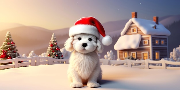 Cachorro feliz en Navidad Santa sombrero sobre fondo de invierno