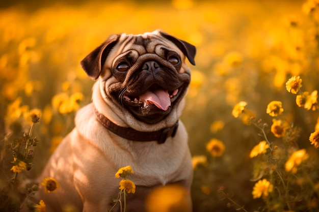 Cachorro feliz no campo de flores amarelas