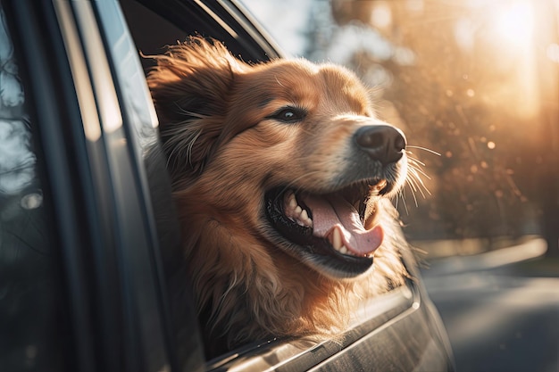 Cachorro feliz olha pela janela do carro Viagem com cachorro IA generativa