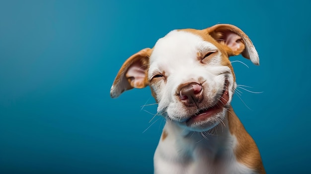 Cachorro feliz piscando um olho e sorrindo em fundo azul colorido com olhos fechados AI gerativa