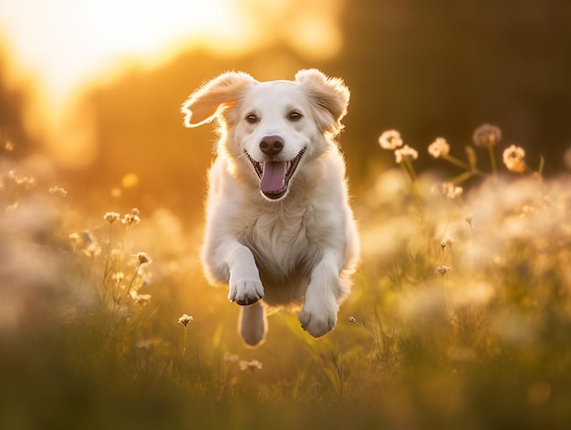 Cachorro feliz pulando com fundo natural gerado por IA