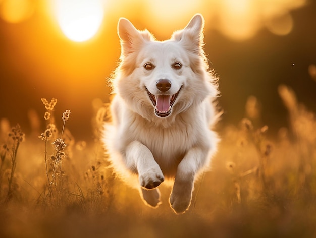 Cachorro feliz pulando com fundo natural gerado por IA