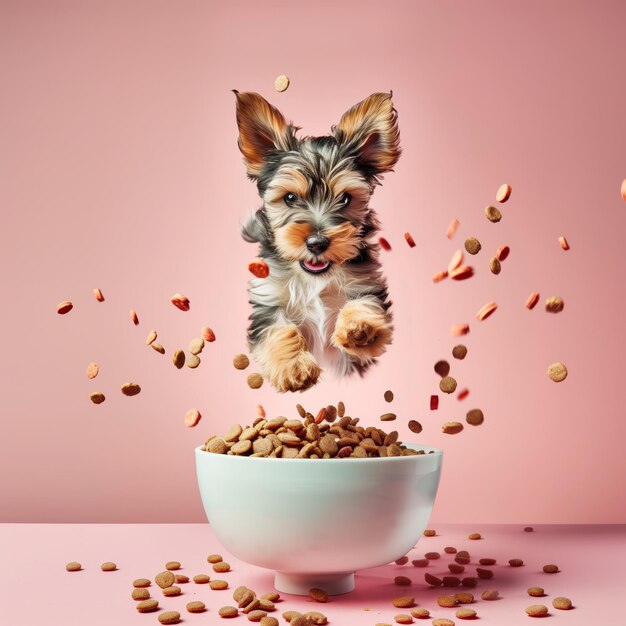 Un cachorro feliz saltando junto a un cuenco lleno de croquetas voladoras en un fondo pastel Levitación