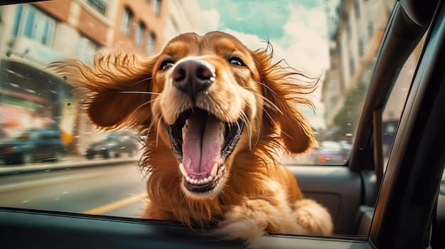 Cachorro feliz se inclinando para a janela aberta do carro e mostrando a língua