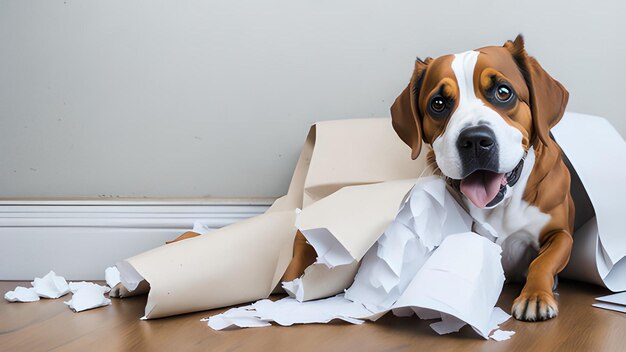 Cachorro feliz sentado perto de rolo de papel higiênico rasgado