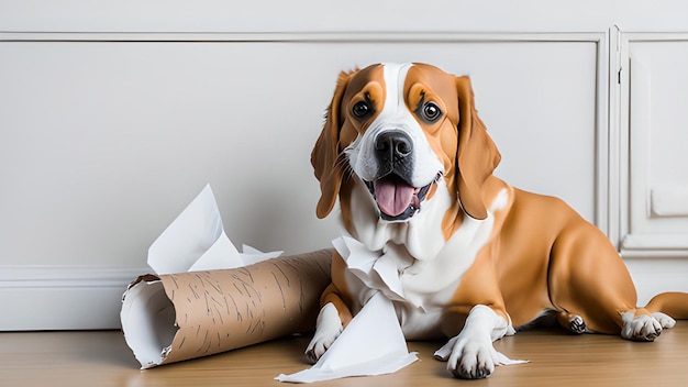 cachorro feliz sentado perto de rolo de papel higiênico rasgado
