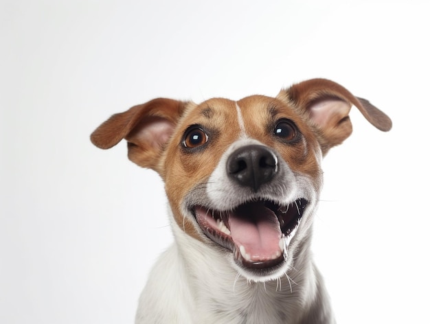 Un cachorro feliz sonriendo en un fondo blanco aislado