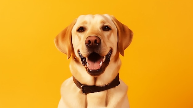 Cachorro feliz sonriendo sobre un fondo de luz amarilla aislado